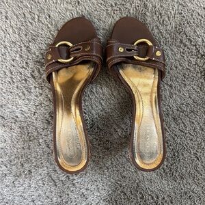 Coach Brown Leather Mules with Gold Accents